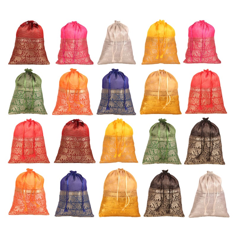 Touchstone Drawstring Bags Traditional Indian Handcrafted in Elephant Pattern Brocade fabric. Perfect for Gifts Jewelry Weddings Sweet Distribution Set of 6 Vibrant Multicolor Pouches Purses Potli. - Image 1